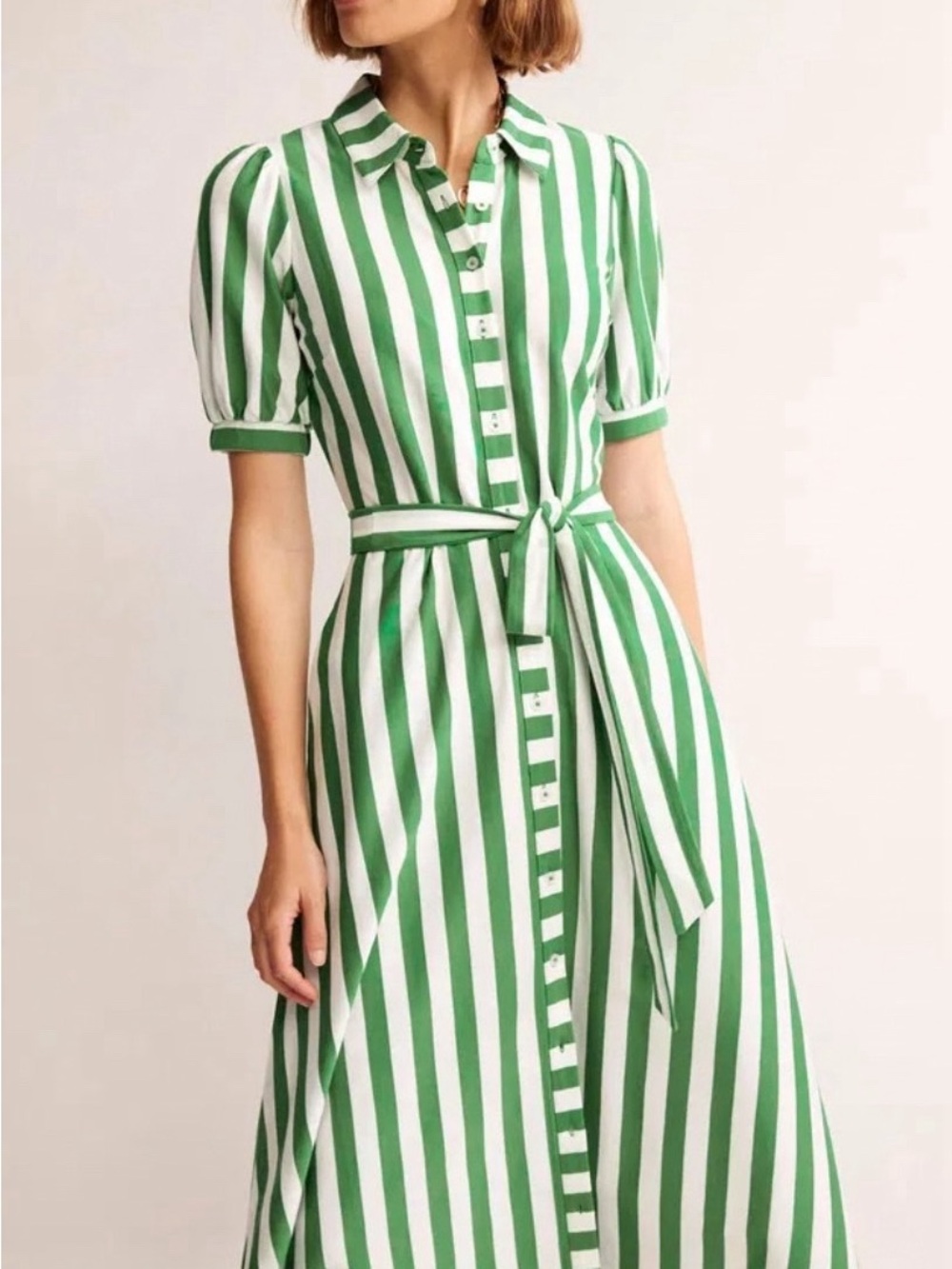 Boden Green and White Vertical-Stripe Button-Front Dress with Tie Waist